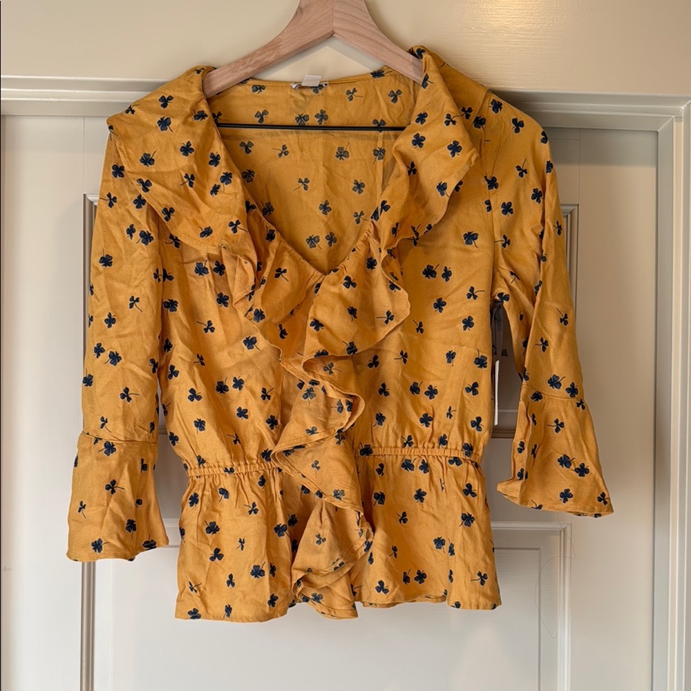Hinge Mustard Yellow Blouse with 3/4 Sleeves and Ruffled Wrap Style